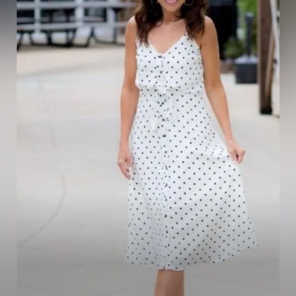 BP white and black polka dot button down tie front midi dress size medium